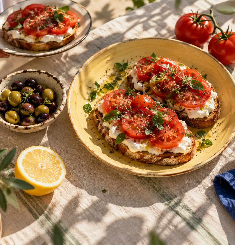 Güneşli bir kahvaltı sofrasında domatesli ekmekler, zeytin ve limon